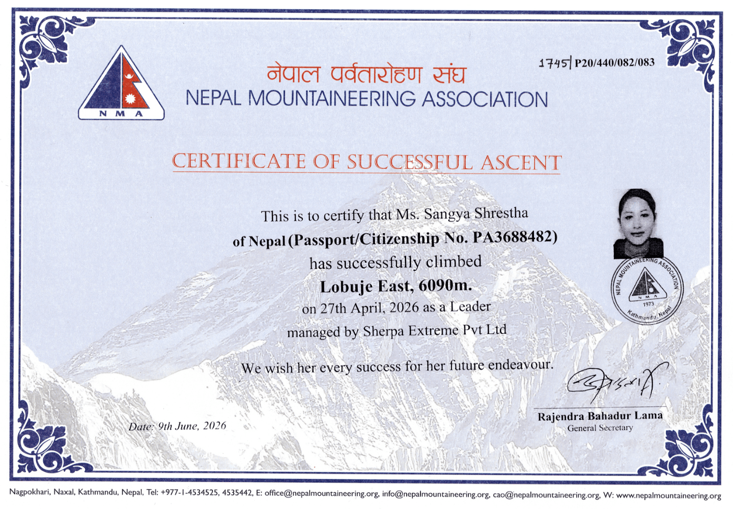 Certificate of Successful Ascent
